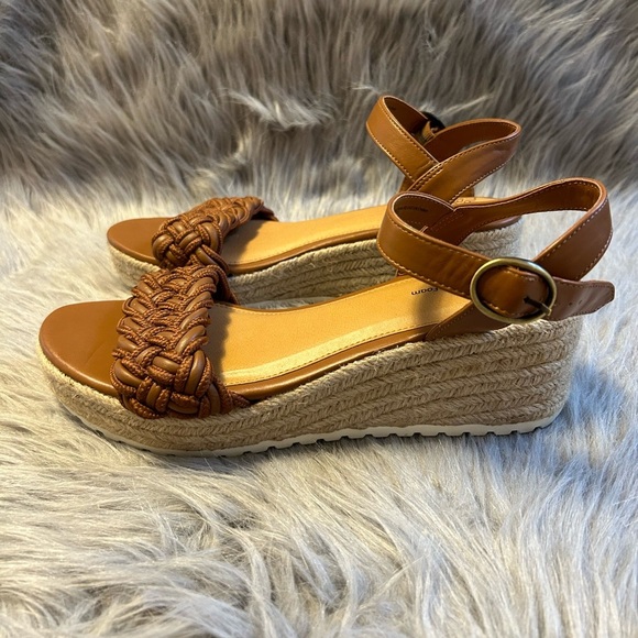 Time And Tru Wedge Sandals Womens‎ Size 9 Brown Open Toe Ankle Strap Shoes - Picture 6 of 7